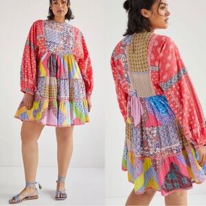Anthropologie Let Me Be Patchwork Tiered Floral Mini Dress size L P